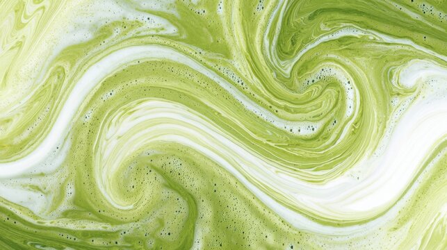 Abstract swirl pattern of liquid green matcha tea with white foam. Organic healthy drink texture for background design.