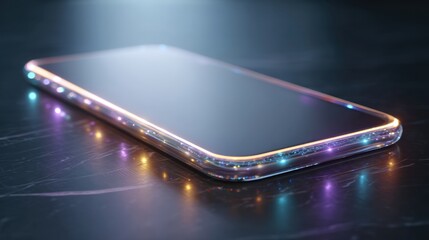 Smartphone laying on sleek surface with colorful light glow effect. Concept of modern communication and digital technology.