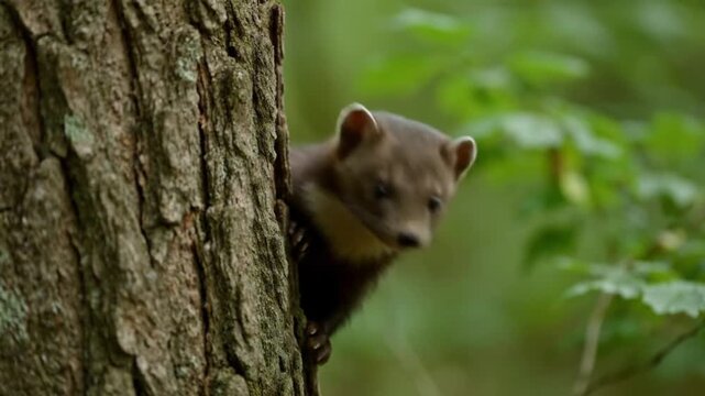 Wild Pine Marten Peeks Out from Behind Tree Trunk in Green Forest