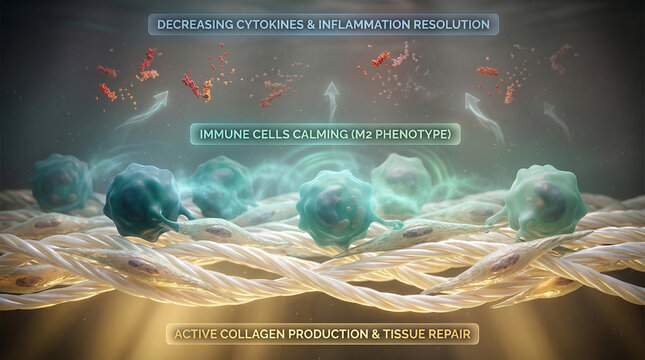 Microscopic visualization of anti-inflammatory healing process showing M2 macrophages, active collagen production, and cytokine resolution in tissue repair