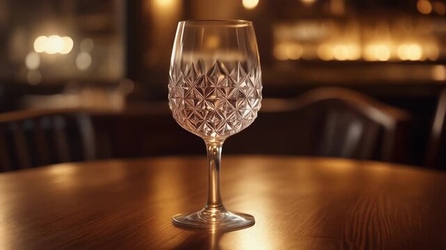 Luxurious Crystal Glass on Wooden Table in Elegant Bar Setting, Refined Ambiance, Sophisticated Decor