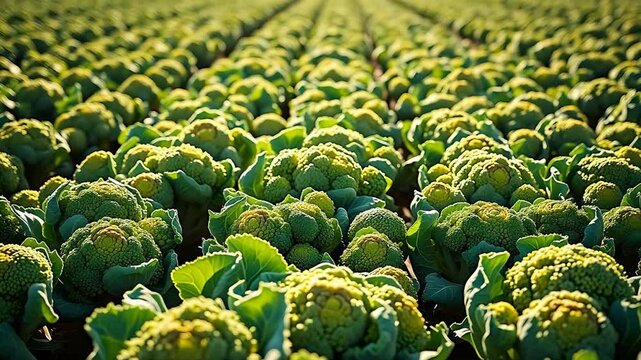 Rows of growing broccoli in a field