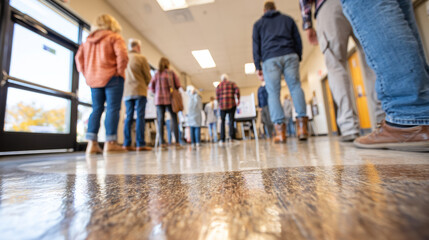 Low angle view of voters standing in a line inside a bright polling station, wide corridor perspective. Concept: turnout and community engagement visuals for reminders, news layouts, and banners