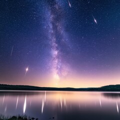 Fototapeta premium Starlit Lake's Reflections: The Milky Way galaxy streams across the night sky, reflected perfectly in the tranquil waters of a serene lake. Meteors streak across the canvas of space.