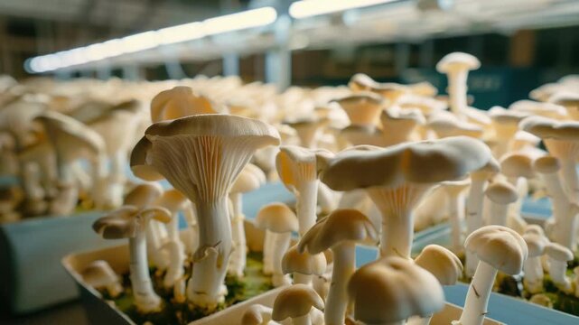Rows of mushrooms growing on shelves inside an indoor mushroom farm.