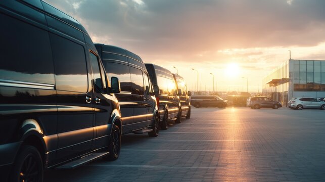 Several black passenger vans parked in a row on an airport parking lot during golden hour. Transportation fleet for business travel and shuttle service.