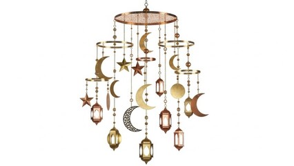 Ornate Gold Metal Hanging Ornaments for Islamic Festivals Isolated on White