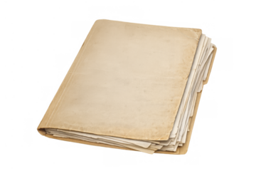 Vintage documents folder with worn papers, showing historical data, archival records, and antique office supplies