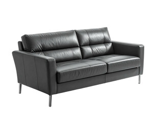 A modern, two-seater sofa in charcoal grey leather, with clean lines and metal legs