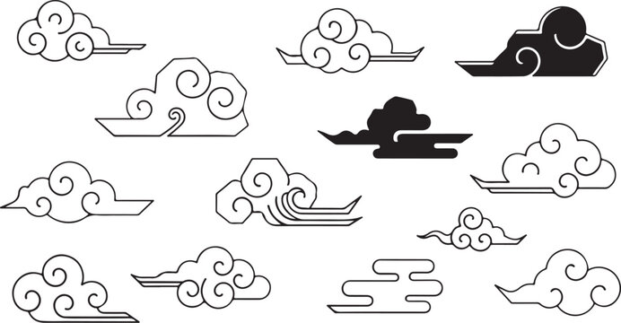 Chinese style clouds. Traditional korean clouds. Flat chinese or japanese red cloud silhouettes, decorative asian festival elements, oriental graphic