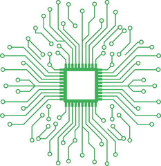 Fototapeta premium Sustainable green technology concept featuring a central microchip with intricate green circuit board patterns.