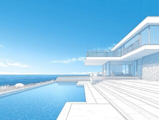 Fototapeta premium Coastal modern house sketch with a pool, ocean view, and clear sky