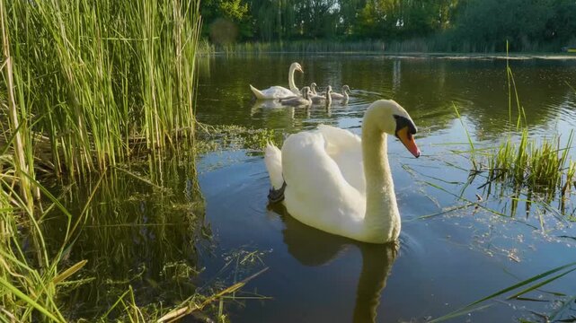 A beautiful shot of a family of mute swans and their cygnets swimming in the calm waters of the Ros River in Ukraine. The golden hour lighting highlights the natural beauty of the wildlife and the lus