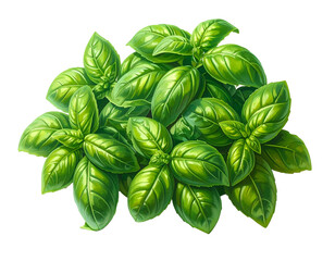 Digital illustration of a lush, vibrant green basil plant, leaves overlapping
