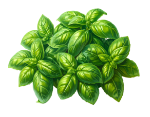 Digital illustration of a lush, vibrant green basil plant, leaves overlapping