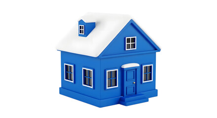 Small blue toy house with a white snowcovered roof isolated on transparent background