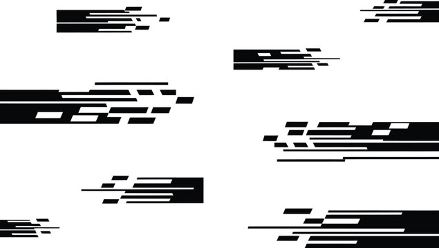 Digital glitch distortion elements and speed line strips, black geometric abstract patterns for modern graphic design and tech aesthetics.
