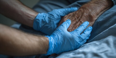 Comforting touch: gloved hands offering support to an elderly person in need of care and affection.
