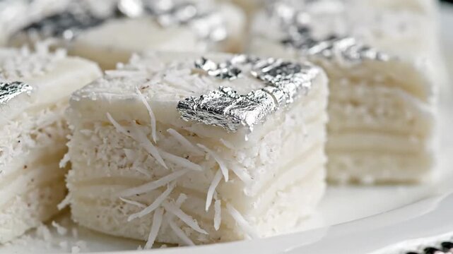 Delicious Square White Coconut Desserts Topped with Silver Leaf and Shredded Coconut Served on a White Plate with Soft Lighting and Shallow Depth of Field