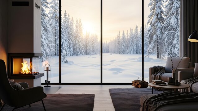 Cozy living room with modern fireplace and snowy winter landscape view through large windows