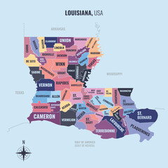 A map showing LA Louisiana USPS into County in a minimalist colorful style