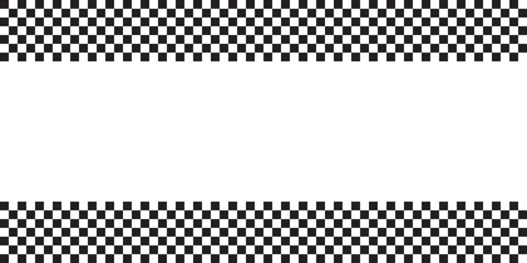 Naklejka premium Top and bottom borders with checkered race flag or chess board print. Motocross or rally sport car competition background with empty space. Black and white squares pattern. Vector illustration