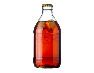 A clear glass bottle filled with a dark amber beverage, with a golden cap, on black