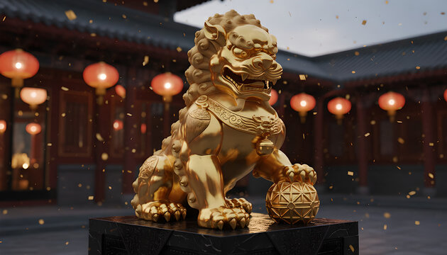 a golden statue of a Chinese lion