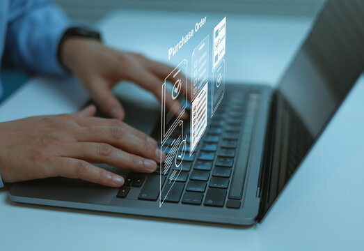 Businessman hand typing purchase order document on laptop and virtual interface screens, digital e-commerce checkout concept shopping order management online payment, retail technology user experience