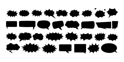 Obraz premium Collection of Various Black Speech Bubbles Isolated on White Background in Vector Graphic for Comic Strips and Message Communication