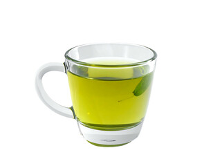 A clear glass mug filled with green liquid, possibly tea, with a floating leaf