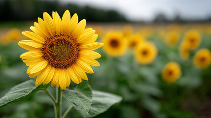 Vibrant sunflower blooming in lush green field under cloudy sky