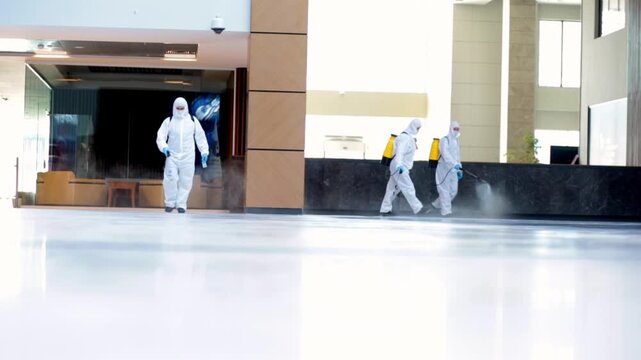 Professional Disinfection Team Sanitizing Public Areas, Hygiene and Safety Concept