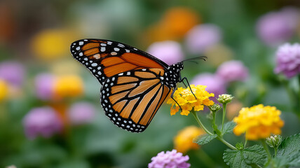 Fototapeta premium Monarch butterfly on vibrant yellow and purple flowers in garden