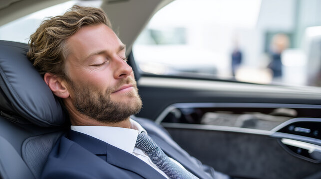 Defocused businessman resting in autopilot vehicle, self-driving car cruise mode, head-up display interface, autonomous navigation system, digital instrument panel, smart transport - Powered by Adobe
