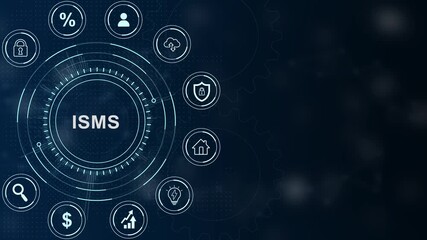 ISMS acronym with business icons and dot on dark blue background ISMS finance abstract circles and gears backgrounds 4K LOOP.