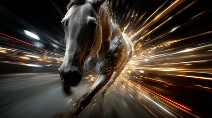 Unbridled Energy: Extreme close-up of a powerful horse mid-gallop, heavy motion blur, speed lines in gold and red, dynamic forward momentum, wide-angle lens distortion, energetic a