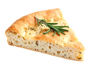 A triangular slice of focaccia bread, topped with rosemary, isolated on a transparent background
