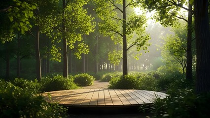 Serene forest podium with sunlit path and lush greenery