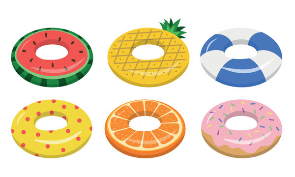Summer Inflatable Swim Rings Set. Colorful floaters elements clipart set for beach and swimming pool