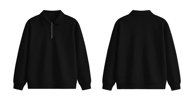 Blank Black Quarter Zip Polo Sweatshirt Mockup Front and Back Isolated on Transparent Background