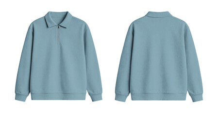 Blank Baby Blue Quarter Zip Polo Sweatshirt Mockup Front and Back Isolated on Transparent Background © Drip
