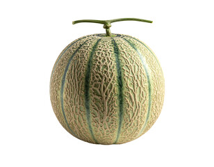 A whole, textured melon with green stem on black background