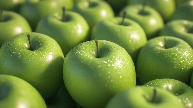 The showcases a large quantity of vibrant green apples that are piled together and bathed in natural sunlight. The apples appear to be freshly picked with their bright color indicating their ripeness