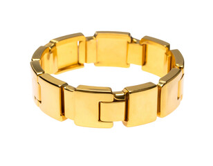Isolated shot of a shiny, golden bracelet with rectangular links and a clasp