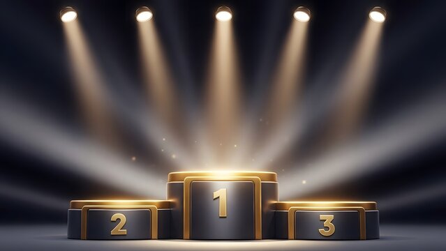 Award podium with spotlight beams for 1st 2nd and 3rd place winners