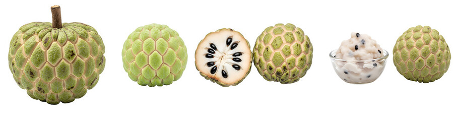 Obraz premium Various views of sugar apple or sweetsop fruit on transparent background