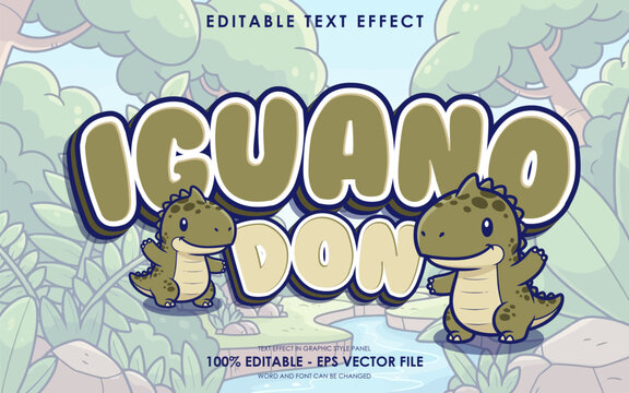Editable text effect featuring cute cartoon dinosaurs iguanodon and jungle background, perfect for children's designs.