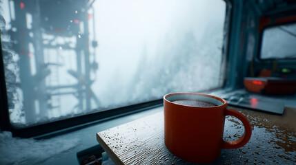 Interior shot of a cozy Arctic station: a steaming mug of tea on a desk next to a window showing a blizzard outside, isolation and comfort, warm orange indoor light vs blue cold ou