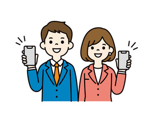 スマホ画面を見せて案内・紹介する、若い男女のビジネスパーソンのベクターイラスト素材セット